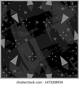 Abstract scarf pattern with flower and triangle design on black background