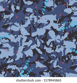 Abstract scarf pattern with leaf and camo motif on blue