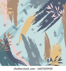 Abstract scarf pattern with leaf and colorful brush splash on blue