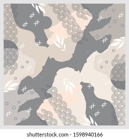 Abstract scarf pattern with leaf design on gray background. Hijab motif
