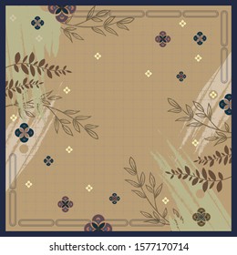 Abstract scarf pattern with leaf and ethnic element on brown background. Hijab design