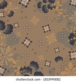 Abstract scarf pattern with leaf and flower on brown color. Hijab design motif