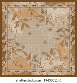 Abstract scarf pattern with leaf ornament on brown. Hijab design motif