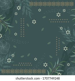 Abstract scarf pattern on green with floral ornament. Hijab design