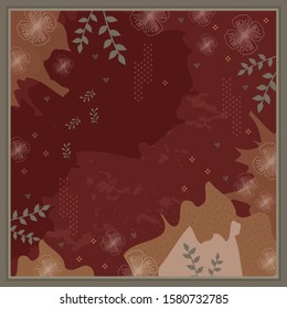 abstract scarf pattern on red background with ornament and flower design
