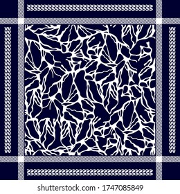 Abstract scarf print. Abstract framed pattern with paisley elements. Man fashion textile collection. White on dark blue background.