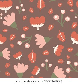 Abstract scattered florals seamless vector doodle background pink orange red green white rusty brown. Flowers and leaves repeating pattern in fall colors. For fabric, Thanksgiving, home decor, paper