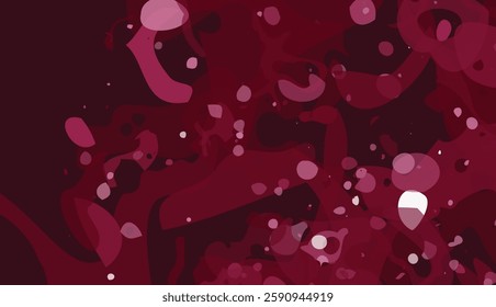 Abstract scattered shapes background. Dark red tones. Exploding shapes. Light pink accents. Random distribution. Fluid forms. Textured appearance. Modern style. Playful aesthetic. Dark background.