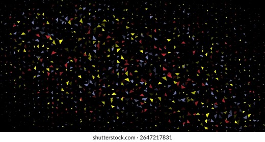 Abstract scattered triangle pattern with colorful yellow, red, and blue geometric shapes on a black background. Modern, dynamic, and vibrant design perfect for digital art, textiles, wallpapers, 