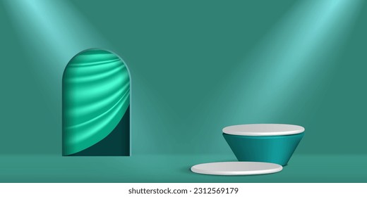Abstract scene with arched door, round podiums and beam of light. Scene for products showcase, promotion display, presentation