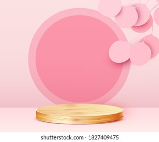 Abstrakter Hintergrund der Szene. Zylinderkopf auf rosafarbenem Hintergrund mit Blättern. Produktpräsentation, Muster, zeigen kosmetisches Produkt, Podium, Bühnenboden oder Plattform. Vektorgrafik