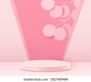 Resumen del fondo de la escena. Cilindro podio sobre fondo rosado con hojas. Presentación del producto, simulación, presentación de productos cosméticos, podio, pedestal de escenario o plataforma. Ilustración del vector