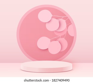 Resumen del fondo de la escena. Cilindro podio sobre fondo rosado con hojas. Presentación del producto, simulación, presentación de productos cosméticos, podio, pedestal de escenario o plataforma. Ilustración del vector