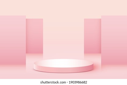 Abstract scene background. Cylinder podium on pink background. Product presentation, mock up, show cosmetic product, Podium, stage pedestal or platform. Vector illustration