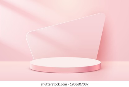 Abstract scene background. Cylinder podium on pink background. Product presentation, mock up, show cosmetic product, Podium, stage pedestal or platform. Vector illustration