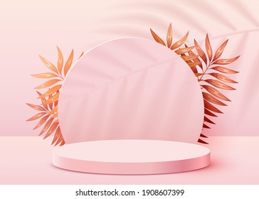 Abstract scene background. Cylinder podium with leaves on pink background. Product presentation, mock up, show cosmetic product, Podium, stage pedestal or platform. Vector illustration