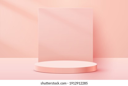 Abstract scene background. Cylinder podium on pink background. Product presentation, mock up, show cosmetic product, Podium, stage pedestal or platform. Vector illustration