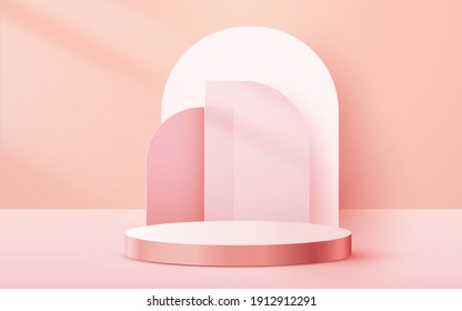 Abstract scene background. Cylinder podium on pink background. Product presentation, mock up, show cosmetic product, Podium, stage pedestal or platform. Vector illustration