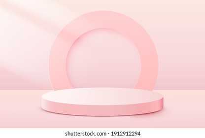 Abstract scene background. Cylinder podium on pink background. Product presentation, mock up, show cosmetic product, Podium, stage pedestal or platform. Vector illustration