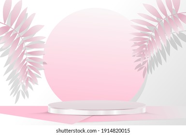 Abstract scene background. Cylinder podium on pink background with leaves. Product presentation, mock up, stage pedestal or platform. Stage for show product cosmetic. Pink pastel color