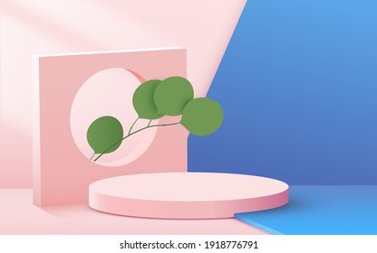 Abstract scene background. Cylinder podium with leaves on pink background. Product presentation, mock up, show cosmetic product, Podium, stage pedestal or platform. Vector illustration