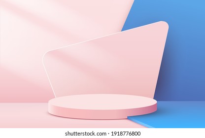 Abstract scene background. Cylinder podium on pink background. Product presentation, mock up, show cosmetic product, Podium, stage pedestal or platform. Vector illustration