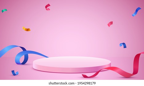 Abstract scene background. Cylinder podium background with confetti and ribbons. Product presentation, mock up, show cosmetic product, Podium, stage pedestal or platform. Vector illustration