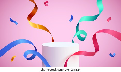 Abstract scene background. Cylinder podium background with confetti and ribbons. Product presentation, mock up, show cosmetic product, Podium, stage pedestal or platform. Vector illustration - Shutterstock ID 1954298524