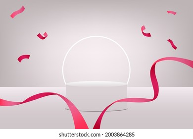 Abstract scene background with cylinder podium confetti ribbons. Product display background 3d rendering podium platform pastel. 3D stage podium display product 3d background.