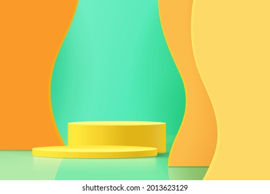 Abstract scene background. Cylinder podium on orange, green, yellow background. Product presentation, mock up, show product, Podium, stage pedestal or platform.