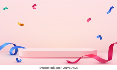 Abstract scene background. Cylinder podium background with confetti and ribbons. Product presentation, mock up, show cosmetic product, Podium, stage pedestal or platform. Vector illustration - Shutterstock ID 2019314525
