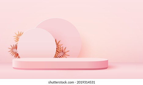 Abstract scene background. Cylinder podium with leaves on pink background. Product presentation, mock up, show cosmetic product, Podium, stage pedestal or platform. Vector illustration