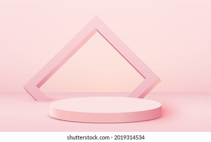 Abstract scene background. Cylinder podium on pink background. Product presentation, mock up, show cosmetic product, Podium, stage pedestal or platform. Vector illustration