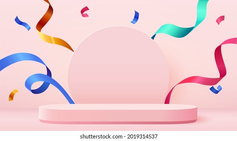 Abstract scene background. Cylinder podium background with confetti and ribbons. Product presentation, mock up, show cosmetic product, Podium, stage pedestal or platform. Vector illustration