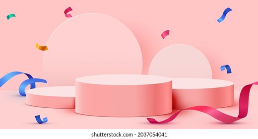 Abstract scene background. Cylinder podium background with confetti and ribbons. Product presentation, mock up, show cosmetic product, Podium, stage pedestal or platform. Vector illustration