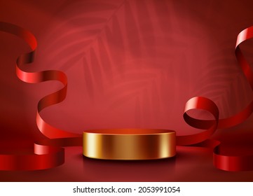 Abstract scene background. Cylinder podium background with confetti and ribbons. Product presentation, mock up, show cosmetic product, Podium, stage pedestal or platform. Vector illustration