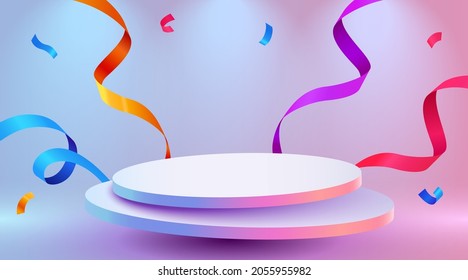 Abstract scene background. Cylinder podium background with confetti and ribbons. Product presentation, mock up, show cosmetic product, Podium, stage pedestal or platform. Vector illustration