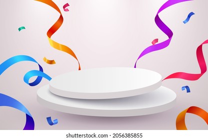 Abstract scene background. Cylinder podium background with confetti and ribbons. Product presentation, mock up, show cosmetic product, Podium, stage pedestal or platform. Vector illustration