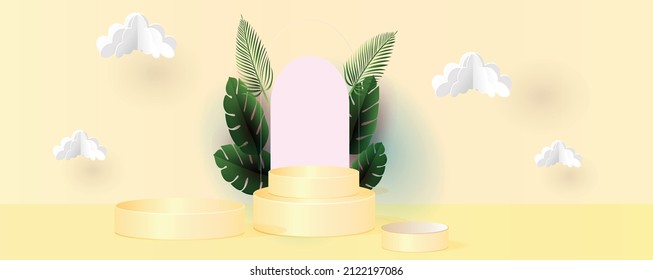Abstract scene background. Cylinder podium on cream interior background. Product presentation, mock up, show cosmetic product, Podium, stage pedestal or platform. Vector illustration