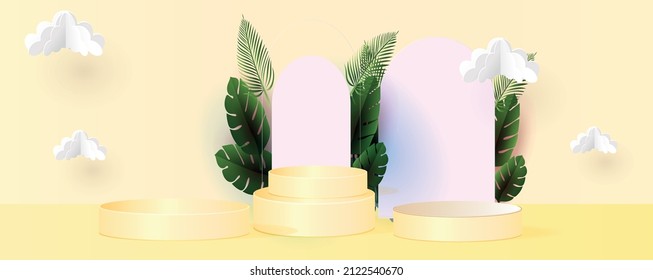 Abstract scene background. Cylinder podium on cream interior background. Product presentation, mock up, show cosmetic product, Podium, stage pedestal or platform. Vector illustration