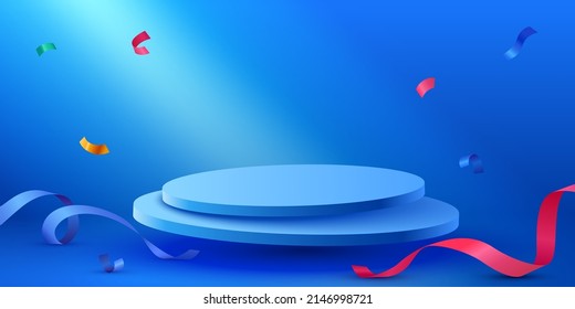 Abstract scene background. Cylinder podium background with confetti and ribbons. Product presentation, mock up, show cosmetic product, Podium, stage pedestal or platform. Vector illustration