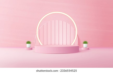 Abstract scene background. Cylinder podium on pink background with copy space area,Product presentation,  platform, mock up, show cosmetic product, Podium, .Vector illustration