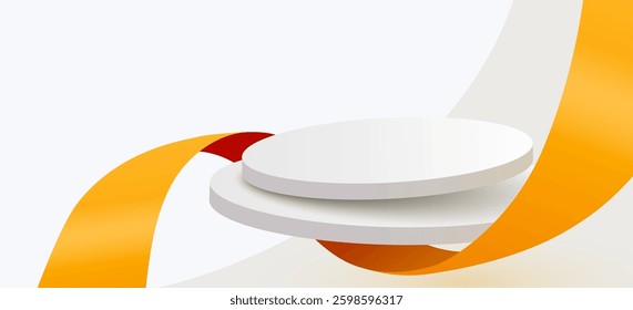 Abstract scene background. Cylinder podium background with ribbons. Product presentation, mock up, show cosmetic product, Podium, stage pedestal or platform. Vector illustration