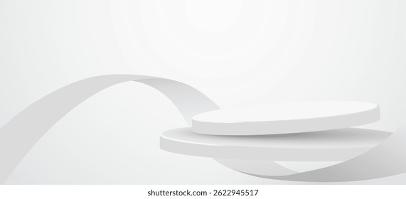 Abstract scene background. Cylinder podium background with ribbons. Product presentation, mock up, show cosmetic product, Podium, stage pedestal or platform. Vector illustration