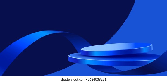 Resumo da cena. Fundo do pódio do cilindro com fitas. Apresentação do produto, maquete, mostrar produto cosmético, pódio, pedestal de palco ou plataforma. Ilustração vetorial