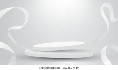 Abstract scene background. Cylinder podium background with ribbons. Product presentation, mock up, show cosmetic product, Podium, stage pedestal or platform. Vector illustration
