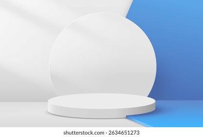 Resumo da cena. Pódio do cilindro sobre fundo azul. Apresentação do produto, maquete, mostrar produto cosmético, pódio, pedestal de palco ou plataforma. Ilustração vetorial