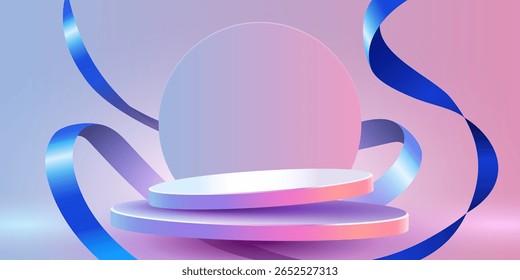 Resumo da cena. Fundo do pódio do cilindro com fitas. Apresentação do produto, maquete, mostrar produto cosmético, pódio, pedestal de palco ou plataforma. Ilustração vetorial