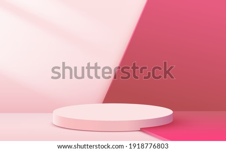 Abstract scene background. Cylinder podium on pink background. Product presentation, mock up, show cosmetic product, Podium, stage pedestal or platform. Vector illustration