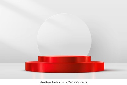 Abstract scene background. Cylinder red podium on white background. Product presentation, mock up. Podium, stage pedestal or platform. Vector illustration